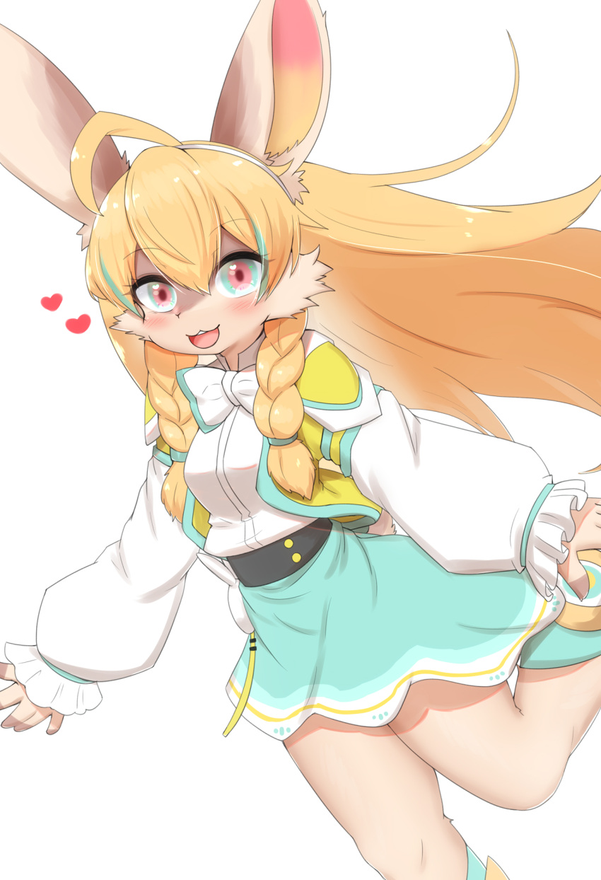 &lt;3 2022 5_fingers accessory ahoge anthro blonde_hair blush braided_hair breasts buckteeth carlotta_(unhappy_raccoon) cheek_tuft clothed clothing dress facial_tuft female female_anthro fingers fluffy fur hair hair_accessory hi_res horokusa0519 kemono lagomorph leporid long_ears long_hair looking_at_viewer mammal multicolored_body multicolored_fur open_mouth pigtails pink_eyes rabbit simple_background small_breasts solo teeth tongue tuft unhappy_raccoon white_background