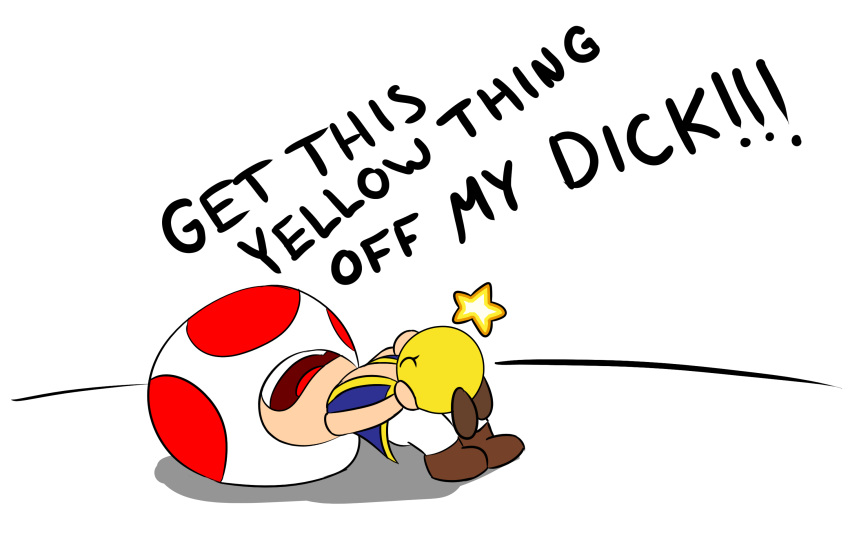 ambiguous_gender duo forced hi_res implied_oral lying male mario_and_luigi_(series) mario_bros nintendo on_back starlow supermoonshroom text toad_(mario) video_games yellow_body