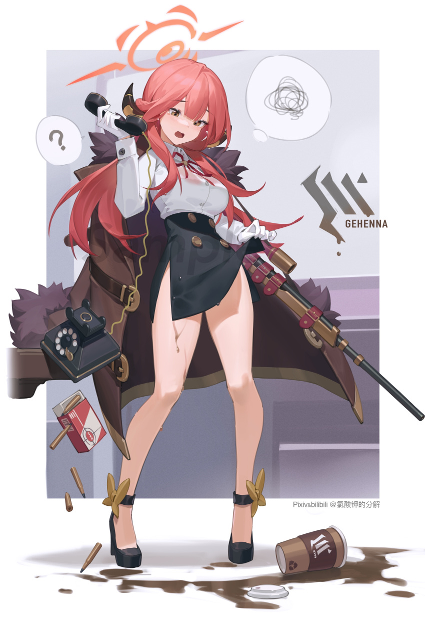 1girl ? absurdres aru_(blue_archive) bangs bare_legs bilibili_xiaolu black_footwear black_skirt blue_archive breasts brown_coat brown_eyes coat coat_on_shoulders coffee collared_shirt corded_phone cup disposable_cup gloves gun gun_on_back halo high_heels highres holding holding_phone large_breasts long_hair long_sleeves looking_down neck_ribbon open_mouth phone pink_hair red_eyes ribbon rifle sample_watermark shirt skirt skirt_hold sniper_rifle solo spill spoken_question_mark spoken_squiggle squiggle weapon weapon_on_back white_gloves white_shirt