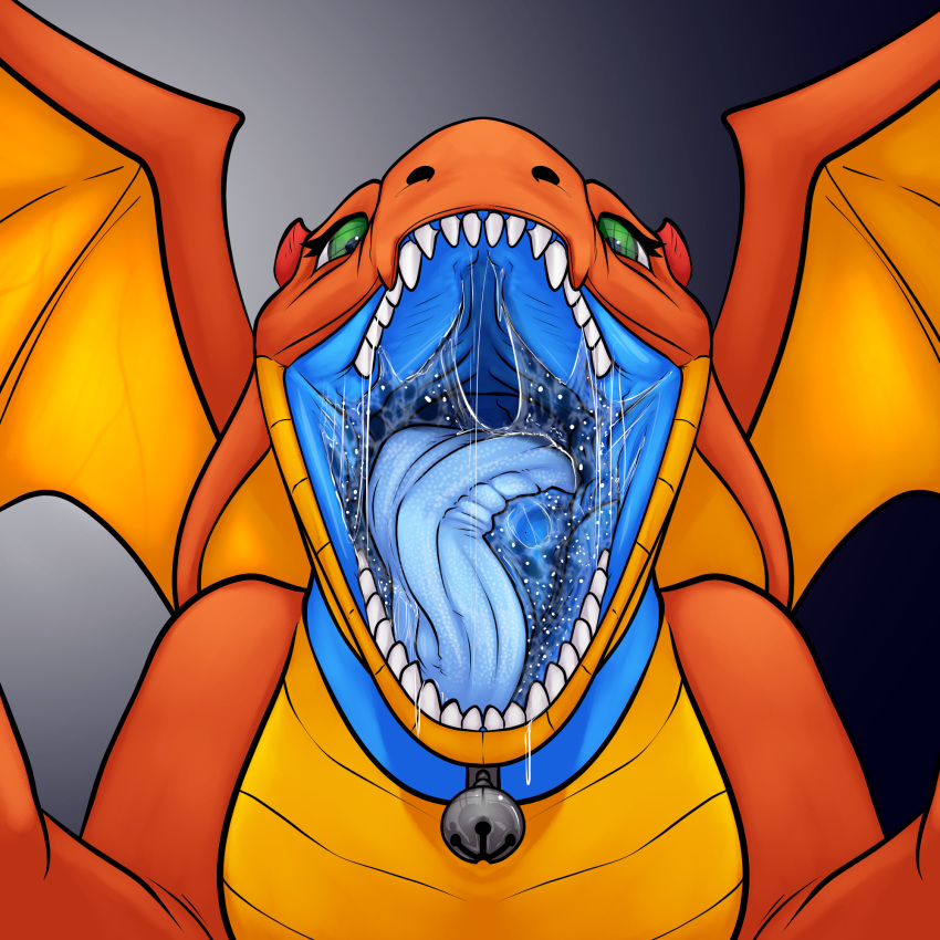 akudrache anthro bell bell_collar blaze_(blaze125) blue_insides blue_tongue bodily_fluids collar dragon dripping excessive_saliva female green_eyes hi_res horn imminent_vore mouth_shot nonbinary_(lore) open_mouth orange_body orange_scales orange_wings red_horn saliva saliva_drip saliva_on_tongue saliva_string salivating scales scalie shaded simple_background solo tongue vore wings