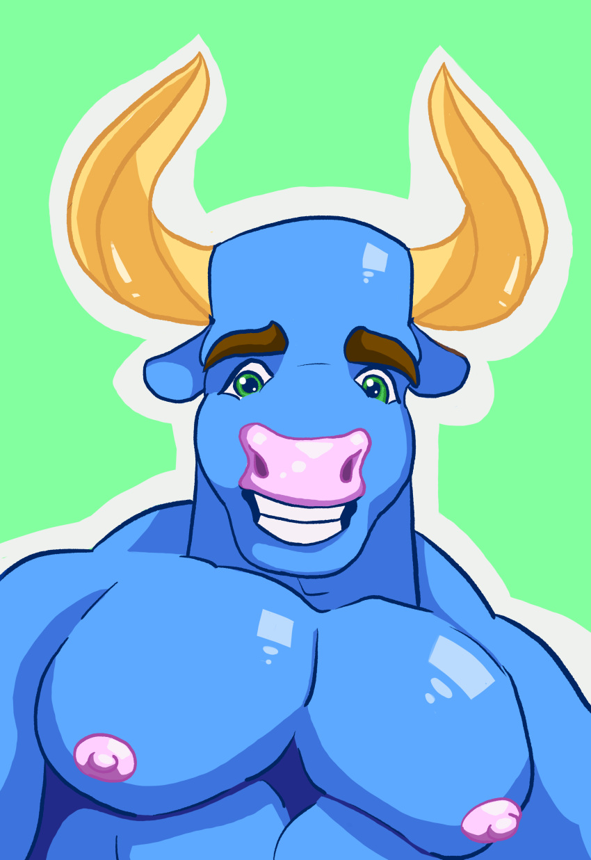 absurd_res anthro bovid bovine cattle erect_nipples glistening glistening_body hi_res horn male mammal muscular muscular_male nipples pecs smile smiling_at_viewer solo thathorseclyde