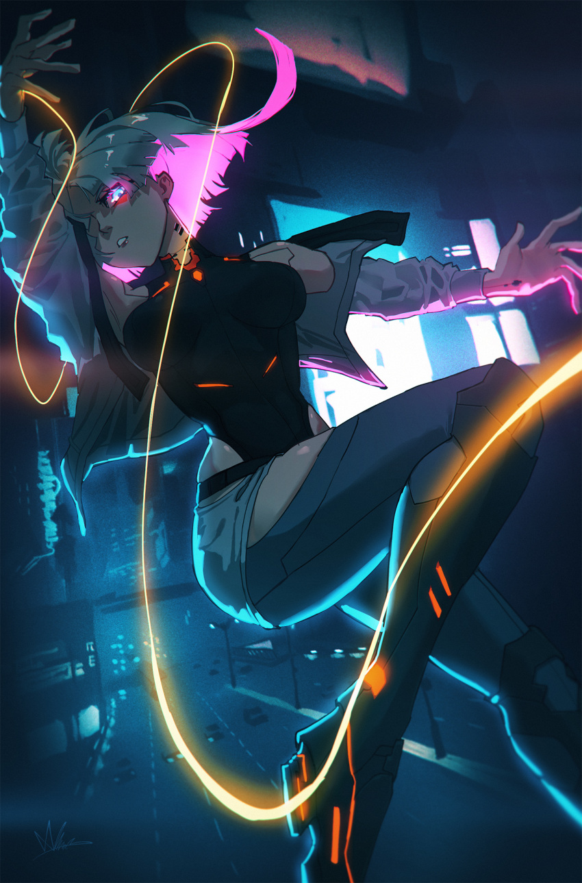 1girl bodysuit breasts cityscape cyberpunk_edgerunners cyborg eyeliner highres large_breasts lewdicy lucy_(cyberpunk_edgerunners) makeup midair monowire multicolored_hair outdoors purple_hair solo