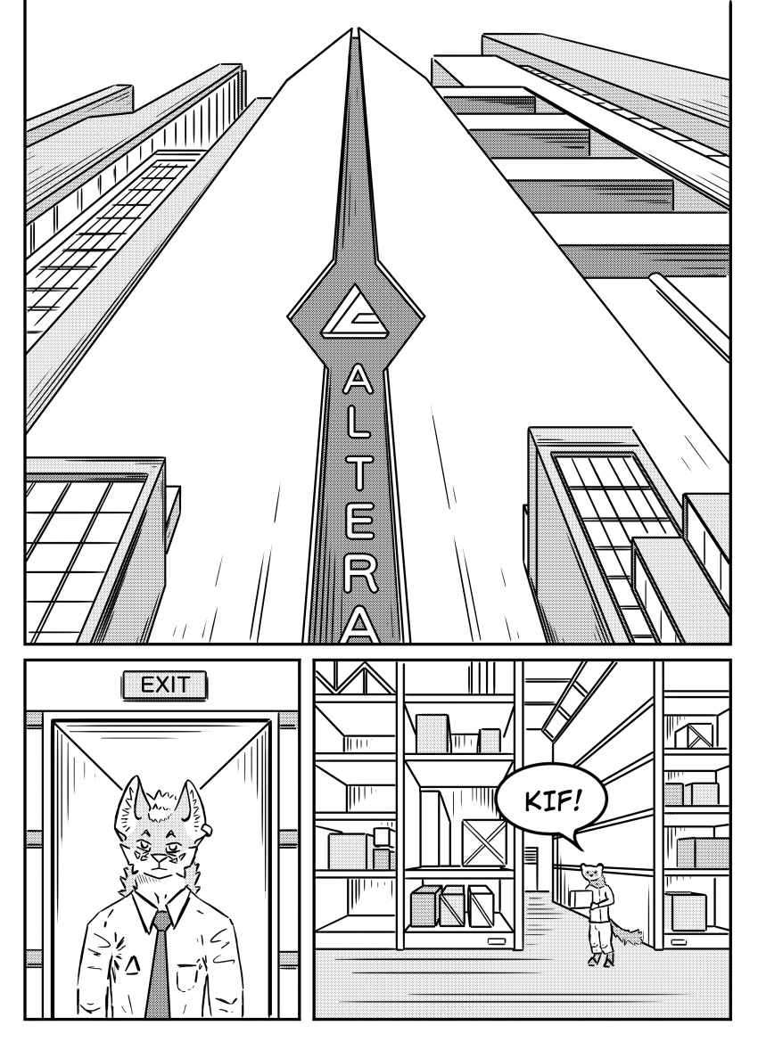 absurd_res ambiguous_gender anthro black_and_white box building city cityscape clothed clothing container door duo ear_piercing hi_res inner_ear_fluff inside jeff_(kifyun2) kif_yppreah kifyun2 monochrome piercing simple_background speech_bubble text tuft warehouse