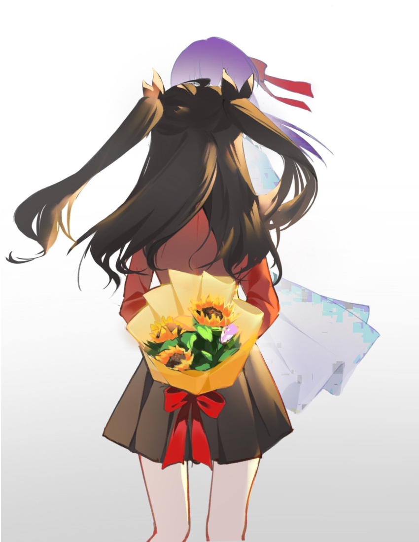 2girls amiably_02 back black_hair black_skirt bouquet commentary_request cowboy_shot dress fate/hollow_ataraxia fate/stay_night fate_(series) flower gradient gradient_background hair_ribbon highres holding holding_bouquet holding_flower long_hair long_sleeves matou_sakura multiple_girls pleated_skirt purple_hair red_ribbon red_sweater ribbon siblings sisters skirt sweater tohsaka_rin two_side_up white_dress