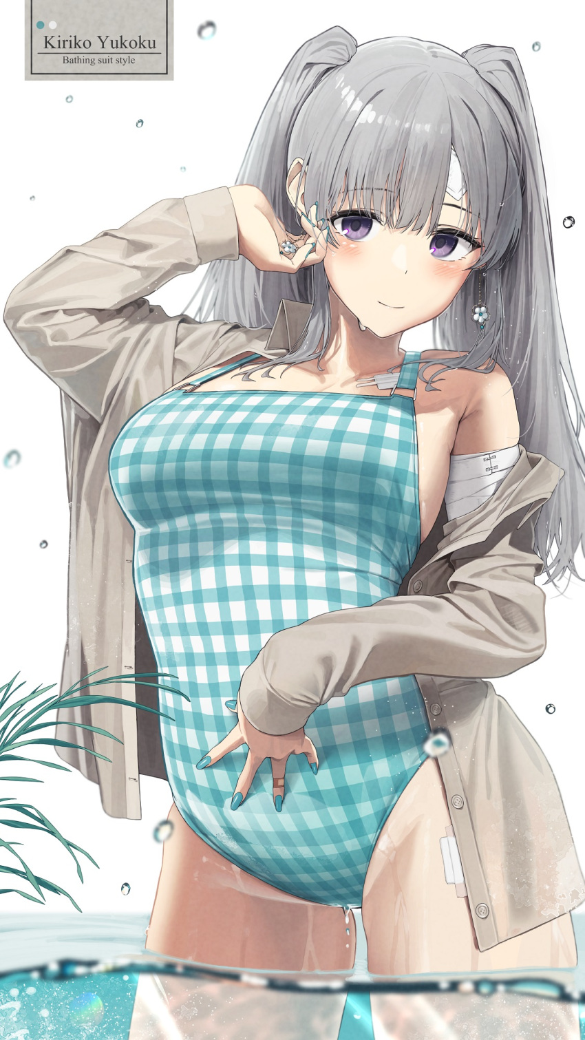 bandaged_arm bandages bandaid bandaid_on_hand bangs blue_nails blush character_name closed_mouth collared_shirt dress_shirt earrings english_text flower_earrings grey_hair hand_on_own_stomach highres idolmaster idolmaster_shiny_colors jewelry long_hair long_sleeves looking_at_viewer nail_polish noeru one-piece_swimsuit open_clothes open_shirt parted_bangs plaid plaid_swimsuit purple_eyes shiny shiny_hair shirt simple_background single_bare_shoulder swimsuit thick_thighs thighs twintails wading water water_drop wet wing_collar yukoku_kiriko