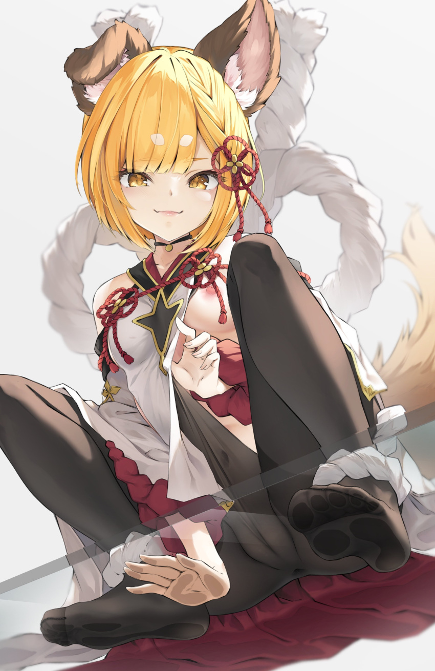 1girl absurdres animal_ear_fluff animal_ears arm_support bangs black_choker black_pantyhose blonde_hair braid breasts brown_eyes choker closed_mouth clothing_aside covered_anus covered_navel dog_ears dog_tail erune from_below granblue_fantasy highres hyouta_(yoneya) japanese_clothes looking_at_viewer nipples pantyhose rope self_wedgie shimenawa short_hair sideless_outfit small_breasts smile soles solo squatting tail vajra_(granblue_fantasy)