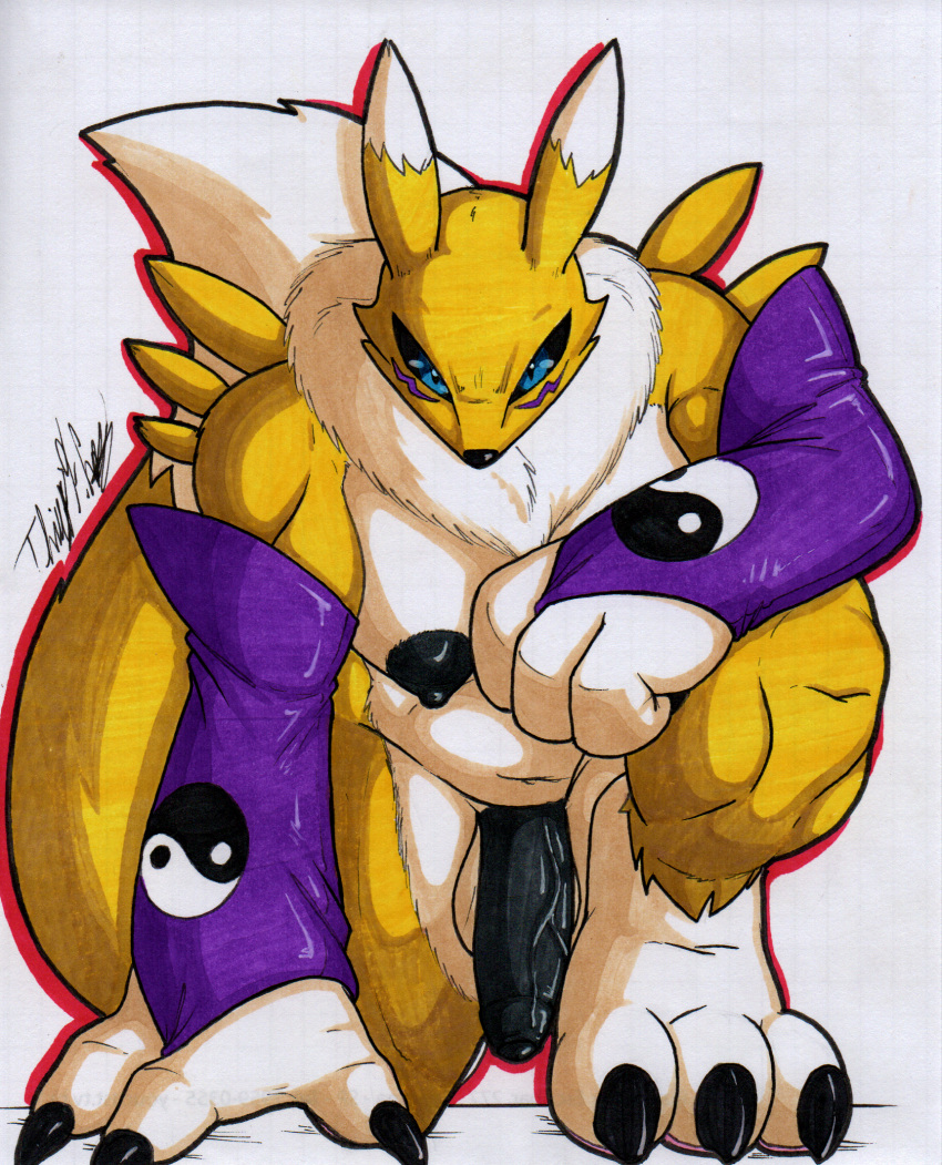 anthro bandai_namco big_breasts big_penis black_sclera breasts digimon digimon_(species) fur genitals gynomorph hi_res intersex looking_at_viewer muscular muscular_gynomorph muscular_intersex nipples penis renamon rotten_owl simple_background solo traditional_media_(artwork) video_games white_background white_body white_fur yellow_body yellow_fur