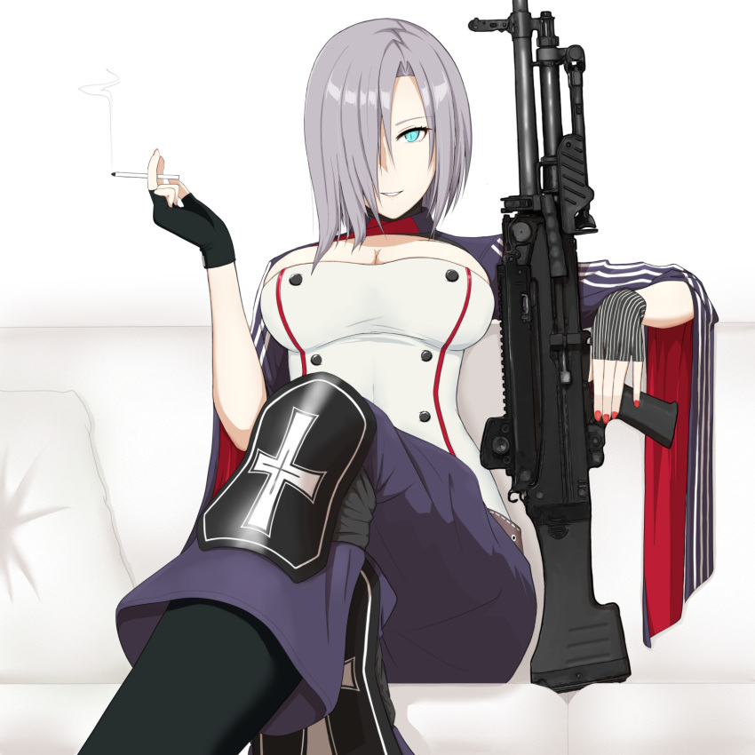 1girl aqua_eyes assault_rifle bangs black_gloves boots breasts cigarette cleavage couch crossed_legs dress feet_out_of_frame fingerless_gloves girls'_frontline gloves grey_hair gun h&amp;k_mg5 hair_over_one_eye highres holding holding_cigarette holding_gun holding_weapon large_breasts looking_at_viewer medium_hair mg5_(girls'_frontline) nail_polish open_mouth pants parted_lips purple_pants red_nails rifle sitting smile smoke solo sumi_ojie weapon white_background white_dress wide_sleeves