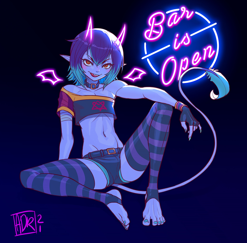 1other aida_de_ridder androgynous aqua_hair aqua_nails belt black_background black_hair blue_skin blush bulge choker colored_skin crop_top demon fingerless_gloves gloves glowing hair_between_eyes highres indie_virtual_youtuber knee_up licking_lips looking_at_viewer midriff mimcubus multicolored_hair navel off-shoulder_shirt off_shoulder parted_lips pointy_ears red_eyes second-party_source shadow shirt smile striped striped_thighhighs thighhighs toeless_legwear tongue tongue_out two-tone_hair yellow_eyes