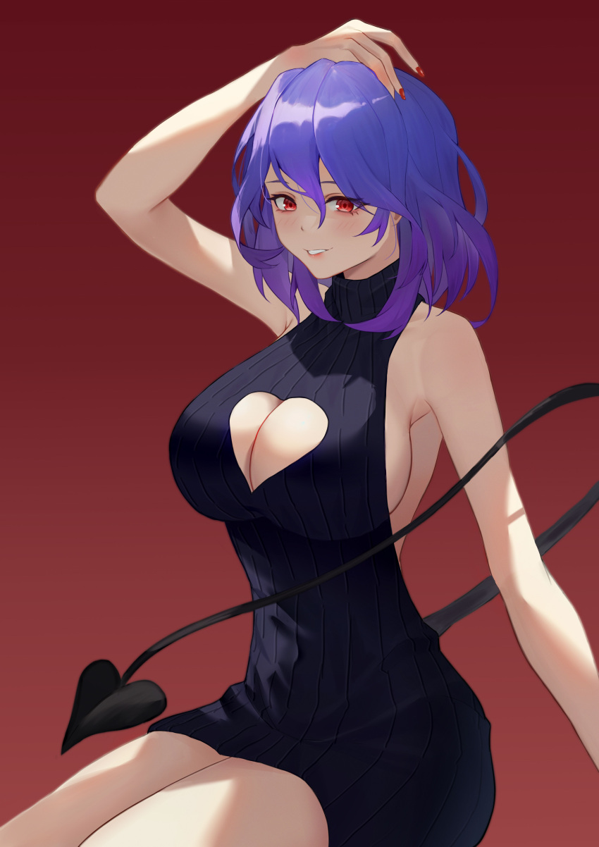 absurdres bare_arms bare_legs bare_shoulders black_sweater blue_hair breasts cleavage cleavage_cutout clothing_cutout demon_girl demon_tail dress gradient gradient_background gradient_hair grin hair_between_eyes hand_on_own_head highres kinsou_no_vermeil large_breasts looking_at_viewer medium_hair meme_attire multicolored_hair pointy_ears purple_hair red_background red_eyes red_nails ribbed_sweater sideboob sitting sleeveless sleeveless_sweater sleeveless_turtleneck sleeveless_turtleneck_dress smile sweater tail turtleneck turtleneck_dress vermeil_(kinsou_no_vermeil) virgin_killer_sweater xiiinaam_98
