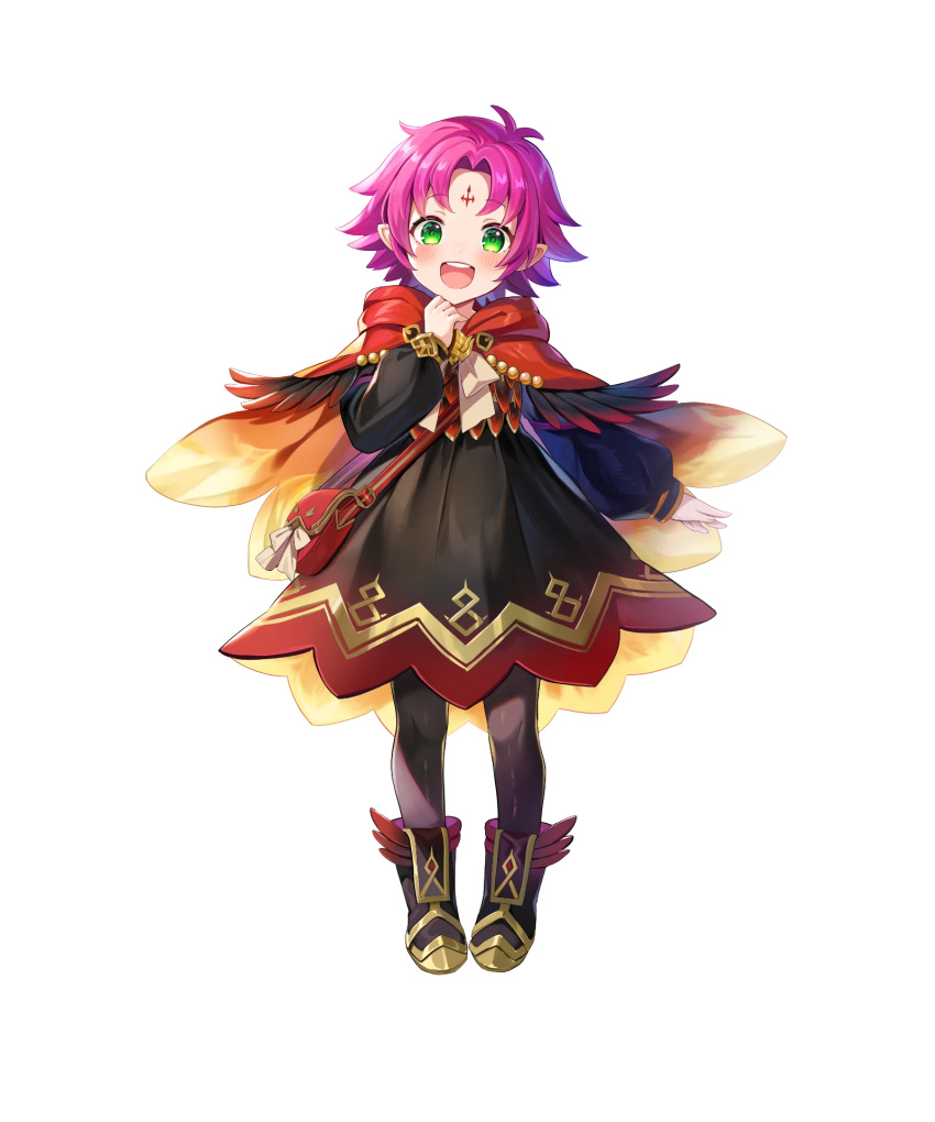 1girl alternate_costume black_dress boots capelet child dress facial_mark fae_(fire_emblem) feather_trim female_child fire_emblem fire_emblem:_the_binding_blade fire_emblem_heroes forehead_mark gold_trim gradient gradient_clothes green_eyes highres long_sleeves non-web_source official_art pantyhose pointy_ears satoupote shiny shiny_hair short_dress short_hair transparent_background