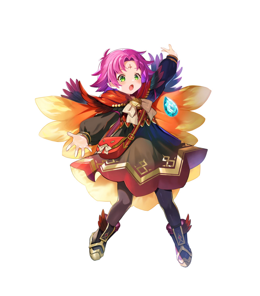 1girl alternate_costume black_dress boots capelet child dress facial_mark fae_(fire_emblem) feather_trim female_child fire_emblem fire_emblem:_the_binding_blade fire_emblem_heroes forehead_mark gold_trim gradient gradient_clothes green_eyes highres long_sleeves non-web_source official_art pantyhose pointy_ears satoupote shiny shiny_hair short_dress short_hair transparent_background