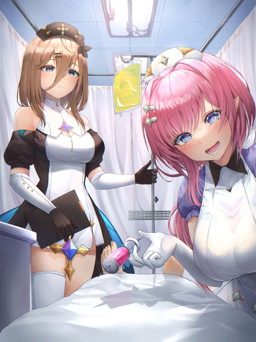 absurdres aponia_(honkai_impact) bangs bed black_dress black_footwear black_gloves black_headwear black_sleeves blue_eyes breasts brown_hair ceiling ceiling_light cleavage cleavage_cutout clothing_cutout commentary_request curtains detached_sleeves dress elysia_(honkai_impact) flower gloves gr_greeze hair_between_eyes hair_flower hair_ornament hairclip hat highres holding holding_syringe honkai_(series) honkai_impact_3rd indoors intravenous_drip large_breasts medium_breasts nurse_cap pink_hair pointy_ears pov puffy_short_sleeves puffy_sleeves short_sleeves sleeveless sleeveless_dress syringe tile_ceiling tiles white_headwear
