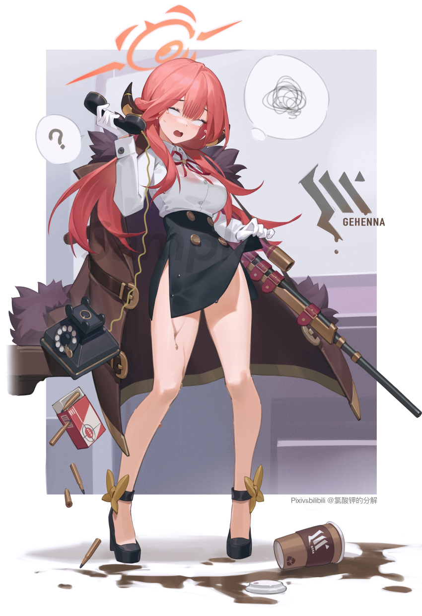 1girl ? absurdres aru_(blue_archive) bangs bare_legs bilibili_xiaolu black_footwear black_skirt blue_archive breasts brown_coat coat coat_on_shoulders coffee collared_shirt corded_phone cup disposable_cup empty_eyes gloves gun gun_on_back halo high_heels highres holding holding_phone large_breasts long_hair long_sleeves neck_ribbon open_mouth phone pink_hair red_eyes ribbon rifle sample_watermark shirt skirt skirt_hold sniper_rifle solo spill spoken_question_mark spoken_squiggle squiggle weapon weapon_on_back white_gloves white_shirt