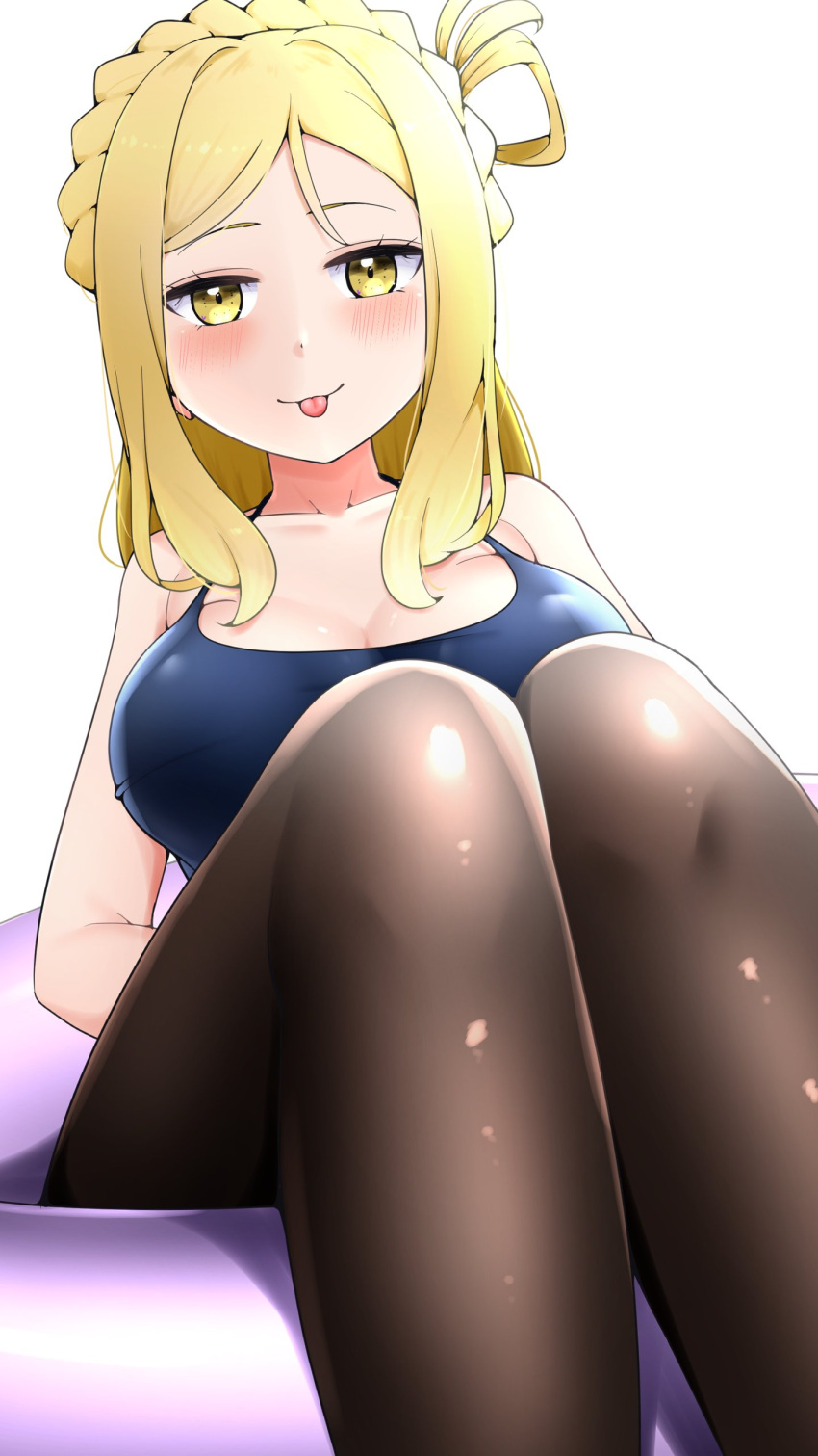 1girl :p absurdres bangs bare_shoulders black_pantyhose blonde_hair blue_one-piece_swimsuit blush braid breasts cleavage collarbone commentary forehead hair_rings highres innertube knees_together_feet_apart kooei large_breasts long_hair looking_at_viewer love_live! love_live!_sunshine!! ohara_mari pantyhose pantyhose_under_swimsuit parted_bangs shiny shiny_clothes shiny_legwear simple_background sitting solo swimsuit tongue tongue_out white_background yellow_eyes