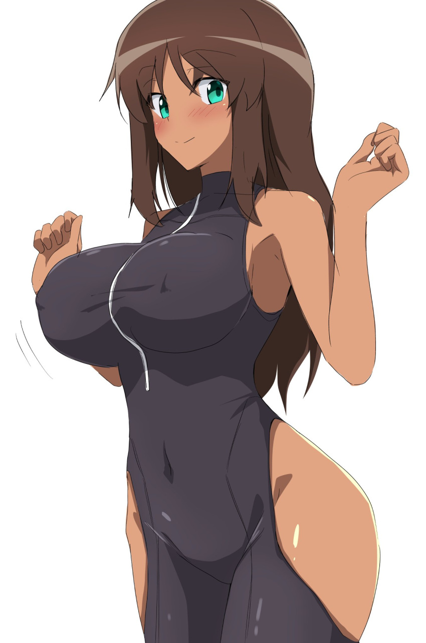 1girl alice_gear_aegis blush bodysuit breasts brown_hair covered_navel covered_nipples cowboy_shot dark-skinned_female dark_skin fe_(umenomiya_tekkousho) green_eyes highres hip_vent kaneshiya_sitara large_breasts long_hair looking_at_viewer sleeveless smile solo