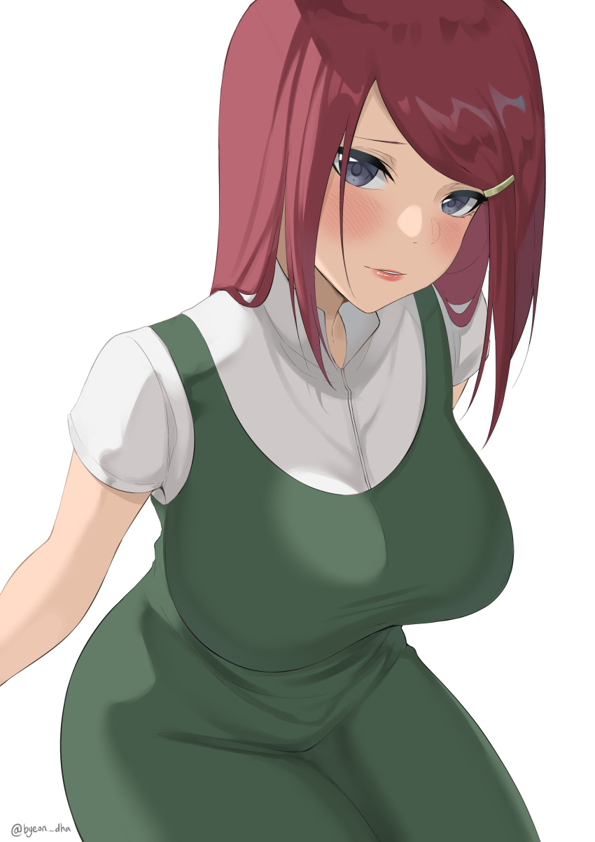 1girl absurdres blue_eyes blush breasts byeon dress green_dress hair_ornament hairclip highres large_breasts lips long_hair looking_at_viewer mature_female naruto naruto_(series) naruto_shippuuden parted_lips pinafore_dress raised_eyebrows red_hair short_sleeves simple_background sitting solo straight_hair twitter_username uzumaki_kushina white_background