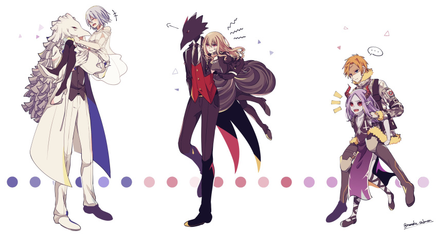 3boys 3girls amputee animal_head black_necktie black_pantyhose black_sclera black_skin black_suit blonde_hair blue_hair caesar_(higyaku_no_noel) caron_(higyaku_no_noel) carrying choker colored_sclera colored_skin demon_boy demon_girl demon_horns dress eyepatch formal frilled_choker frills fur-trimmed_jacket fur_trim gillian_littner grey_skin highres higyaku_no_noel horns jacket light_blue_hair long_hair medical_eyepatch multiple_boys multiple_girls nanoko necktie noel_cerquetti pantyhose princess_carry purple_hair ribelio_strada severed_arm severed_limb short_hair smile spica_(higyaku_no_noel) suit white_dress white_skin white_suit