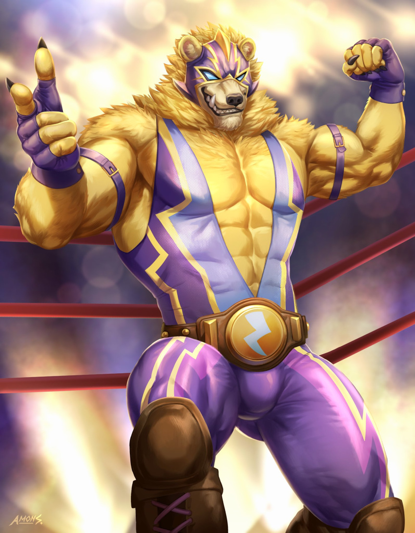 5_fingers abs amon-sydonai anthro armwear athletic belt belt_accessory bent_leg biceps black_nose blonde_hair claws clothing covered_eyes el_rayo_volibear fangs fighting_ring fingers flexing footwear fur gesture gloves hair hairy handwear headgear headwear hi_res league_of_legends light lighting lights lucha_libre_mask luchador male mammal mask multicolored_clothing muscular muscular_anthro muscular_male muscular_thighs pecs pointing pose riot_games sharp_claws sharp_teeth smile solo sports_mask sportswear standing symbol teeth tight_clothing triceps tuft ursid video_games volibear watermark wrestler wrestling wrestling_mask yellow_body yellow_fur
