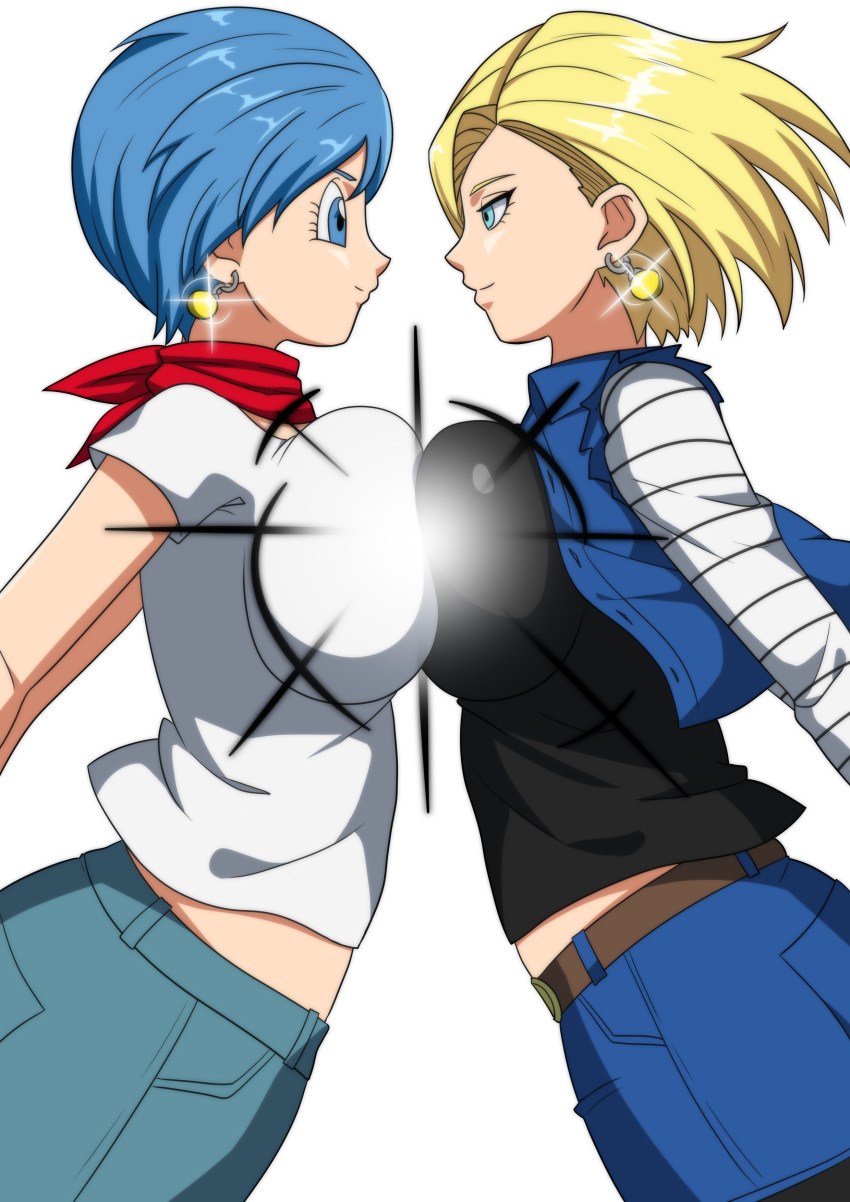 3girls absurdres android_18 belt blonde_hair blue_eyes blue_hair blue_skirt blue_vest breast_press breasts bulma closed_mouth dragon_ball earrings eighteenetzel eye_contact fusion highres jewelry large_breasts looking_at_another multicolored_hair multiple_girls potara_earrings red_scarf scarf shirt short_hair skirt smile symmetrical_docking vest white_shirt