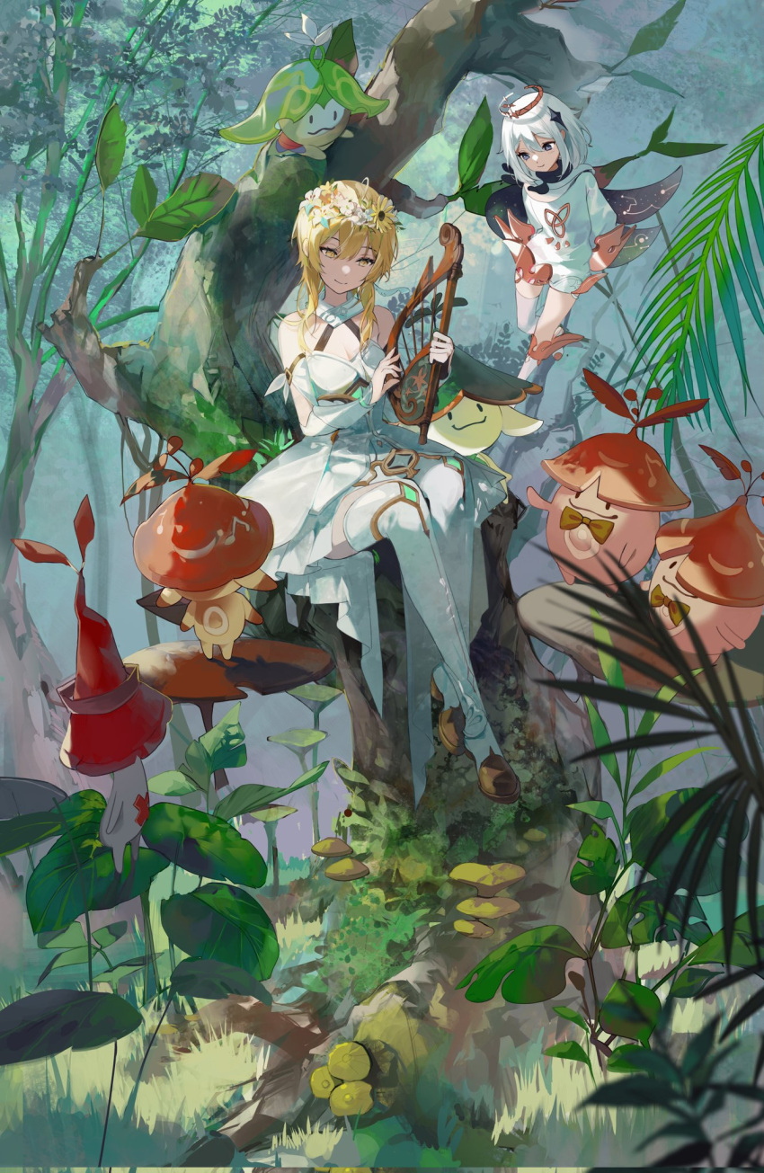 2girls ahoge arama_(genshin_impact) aranakin_(genshin_impact) aranara_(genshin_impact) arapas_(genshin_impact) bangs blonde_hair blue_eyes blush boots branch breasts buri_(retty9349) cleavage closed_mouth commentary detached_sleeves dress fingerless_gloves floating flower_wreath forest genshin_impact gloves hair_ornament high_heel_boots high_heels highres leaf lumine_(genshin_impact) mechanical_halo medium_breasts moss multiple_girls mushroom nature paimon_(genshin_impact) partially_fingerless_gloves scarf sidelocks sitting sleeveless sleeveless_dress smile star_(symbol) star_hair_ornament symbol-only_commentary thighs white_dress white_footwear white_hair