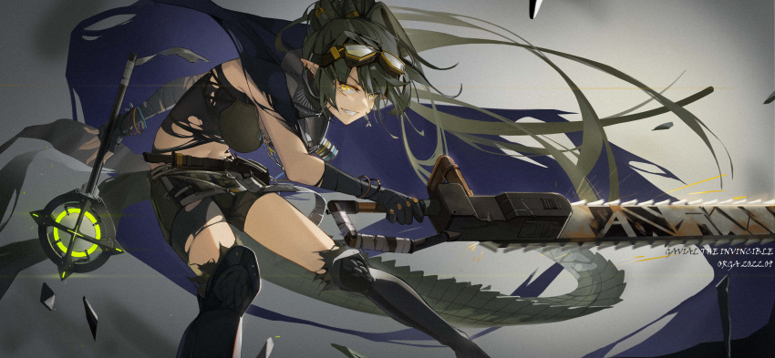 1girl :d absurdres arknights armored_boots artist_name belt black_cape black_footwear black_gloves black_hair black_shorts boots breasts cape chainsaw character_name crocodilian_tail debris dreadlocks elbow_gloves fighting_stance gavial_(arknights) gavial_the_invincible_(arknights) gloves gradient gradient_background grey_background grin highres holding holding_chainsaw holding_staff holding_weapon knee_boots large_breasts leaning_forward long_hair looking_at_viewer midriff orga_(orgacl) oripathy_lesion_(arknights) parted_lips pointy_ears ponytail shorts smile solo staff tail very_long_hair weapon yellow_eyes