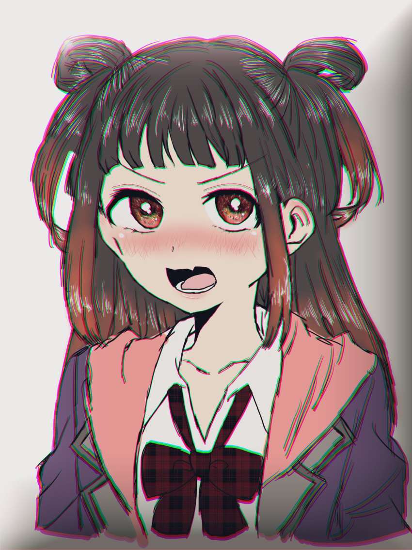 1girl aoi_kasane arms_at_sides bangs black_hair blazer blunt_bangs blush bow bowtie chromatic_aberration collared_shirt cropped_shoulders fang gradient gradient_hair hair_rings highres hood hood_down hoodie jacket lapels long_hair looking_at_viewer loose_bowtie lower_teeth magia_record:_mahou_shoujo_madoka_magica_gaiden mahou_shoujo_madoka_magica multicolored_hair notched_lapels ooba_juri open_mouth orange_hair pink_hoodie plaid plaid_bow plaid_bowtie portrait purple_jacket red_bow red_bowtie ryuugasaki_academy_school_uniform school_uniform shirt short_bangs sidelocks skin_fang solo teeth white_shirt