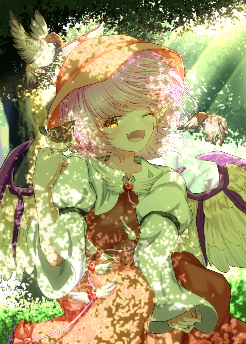 1girl animal animal_ears bad_anatomy bad_arm besuteia bird bird_ears bird_on_hand bird_wings blush brown_dress dress eurasian_tree_sparrow fang hat highres long_sleeves mystia_lorelei one_eye_closed open_mouth pink_hair short_hair smile solo sparrow touhou tree white_wings winged_hat wings yellow_eyes