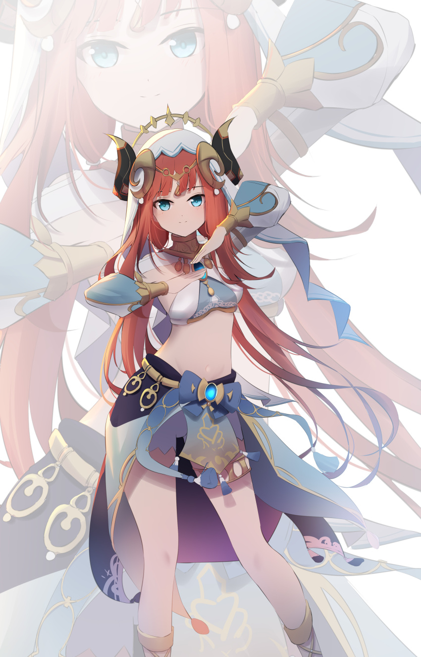1girl absurdres aqua_eyes arabian_clothes bangs bare_shoulders blue_skirt blush breasts closed_mouth crop_top dancer detached_sleeves genshin_impact highres horns long_hair long_sleeves looking_at_viewer midriff navel nilou_(genshin_impact) puffy_long_sleeves puffy_sleeves qixia red_hair skirt small_breasts smile solo stomach vambraces veil very_long_hair white_headdress white_veil