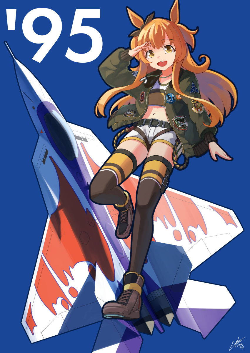 1girl absurdres ace_combat aircraft airplane animal_ears black_bow black_thighhighs bomber_jacket boots bow brown_footwear dog_tags ear_bow fighter_jet green_jacket highres horse_ears horse_girl jacket jet long_hair mayano_top_gun_(umamusume) midriff military military_vehicle navel open_mouth orange_hair salute shorts smile solo tank_top thighhighs umamusume utachy white_shorts yellow_eyes