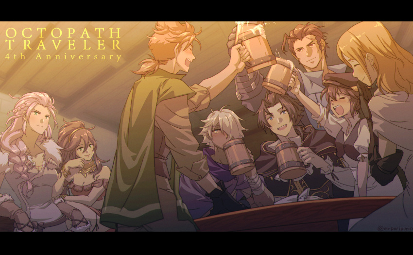 4boys 4girls absurdres alfyn_(octopath_traveler) anniversary armor artist_name bar beer_mug black_gloves blue_eyes bracelet breasts brown_hair brown_headwear cape cleavage closed_eyes copyright_name cup cyrus_(octopath_traveler) drinking fur_trim gauntlets gloves green_cape hair_over_one_eye hat highres indoors jewelry korina_(mrpuripurin) long_hair mug multiple_boys multiple_girls necklace octopath_traveler olberic_eisenberg ophilia_(octopath_traveler) pink_hair primrose_azelhart therion_(octopath_traveler) tressa_(octopath_traveler) white_hair