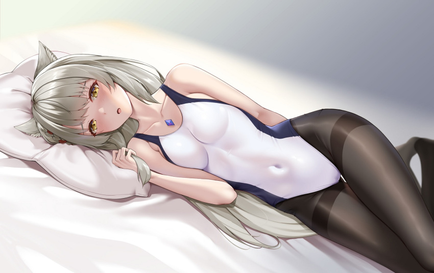 1girl animal_ears arm_behind_back ass_visible_through_thighs black_pantyhose breasts cat_ears chest_jewel covered_navel grey_hair gusset highres light_blush long_hair looking_at_viewer lying matrix16 mio_(xenoblade) official_alternate_hairstyle on_side pantyhose pantyhose_under_swimsuit solo spoilers swimsuit thigh_gap thighband_pantyhose xenoblade_chronicles_(series) xenoblade_chronicles_3 yellow_eyes
