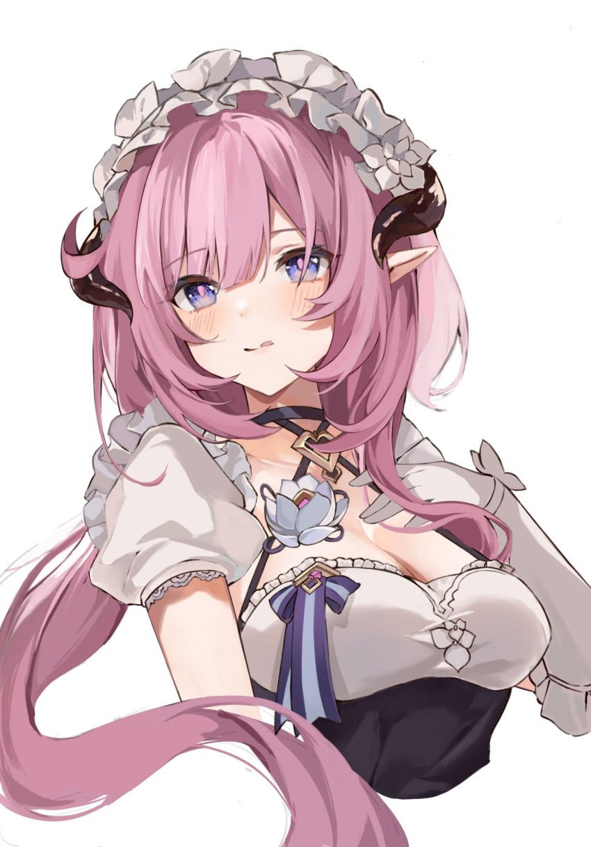 1girl bangs black_choker blue_eyes blush breasts choker cleavage closed_mouth collarbone commentary_request cropped_torso dress elbow_gloves elysia_(honkai_impact) elysia_(miss_pink_elf) flower gloves hair_between_eyes hand_up highres honkai_(series) honkai_impact_3rd horns licking_lips long_hair looking_at_viewer medium_breasts muki_(muki_kunxd) pink_hair pink_pupils pointy_ears puffy_short_sleeves puffy_sleeves short_sleeves simple_background smile solo tongue tongue_out upper_body very_long_hair white_background white_dress white_flower white_gloves