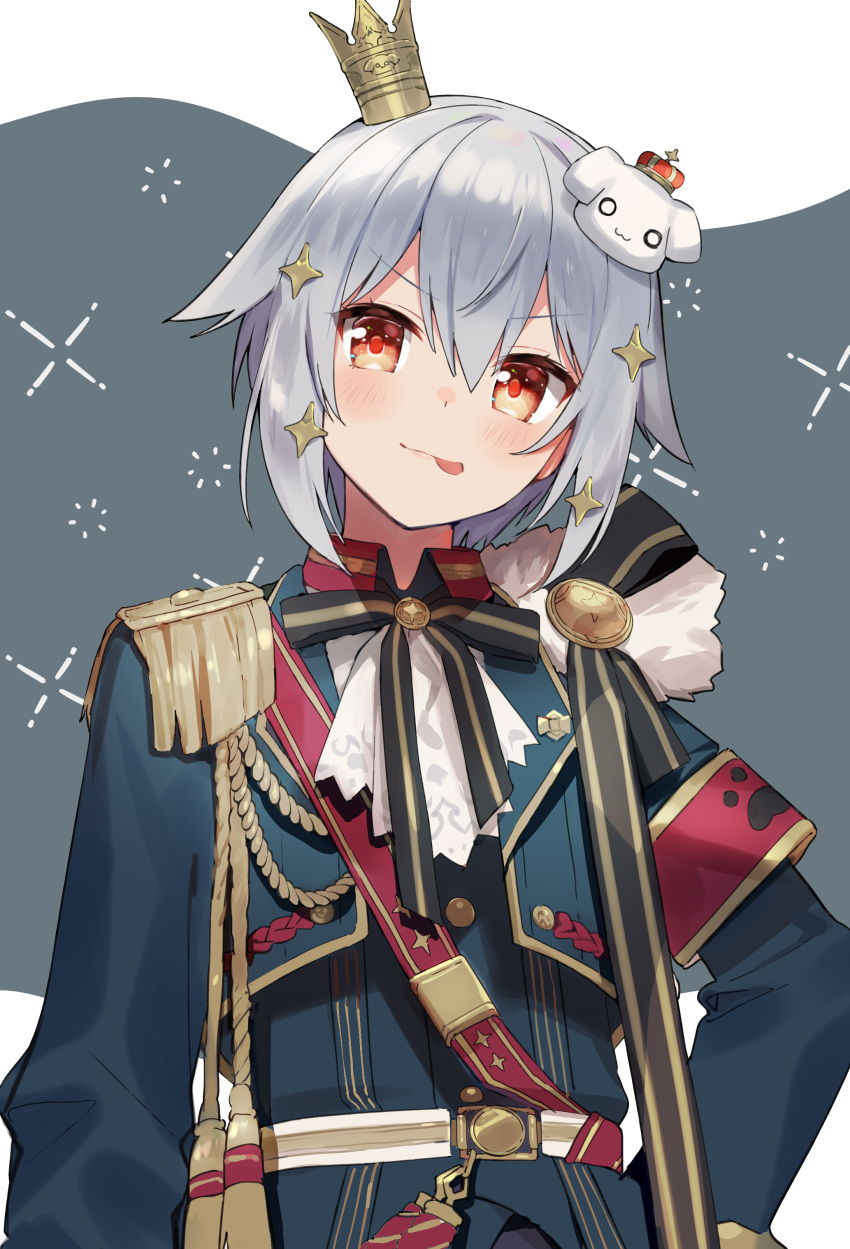 1boy absurdres aiguillette armband bangs closed_mouth crown dog_hair_ornament epaulettes grey_hair hair_ornament highres inuyama_tamaki long_sleeves looking_at_viewer mini_crown noripro official_alternate_costume otoko_no_ko red_eyes short_hair solo tongue tongue_out upper_body virtual_youtuber yumesaki_nana