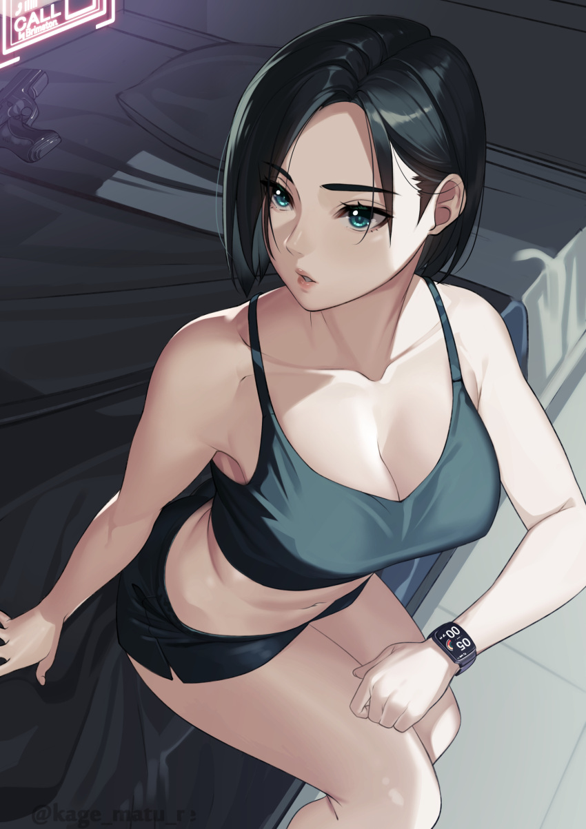 1girl absurdres bare_shoulders bed black_hair black_shorts black_tank_top breasts cleavage collarbone crop_top from_above green_eyes gun handgun highres kagematsuri large_breasts lips looking_to_the_side midriff navel on_bed parted_lips pillow revision short_hair short_shorts shorts sitting smartwatch solo stomach tank_top thighs valorant viper_(valorant) watch weapon wristwatch