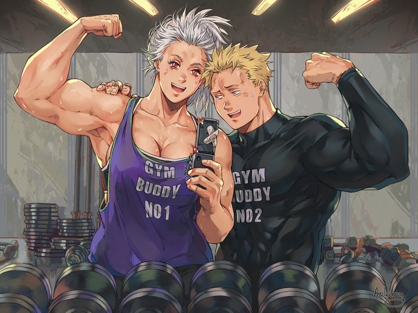1boy 1girl arkuny armpits biceps black_shirt blonde_hair blush breasts cleavage clothes_writing couple covered_abs dorohedoro dumbbell flexing gym half-closed_eyes hand_on_another's_shoulder hetero holding holding_phone indoors large_breasts mirror_image muscular muscular_female muscular_male noi_(dorohedoro) phone pose purple_tank_top selfie shin_(dorohedoro) shirt skin_tight smile sweat tank_top taut_clothes taut_shirt upper_body white_hair