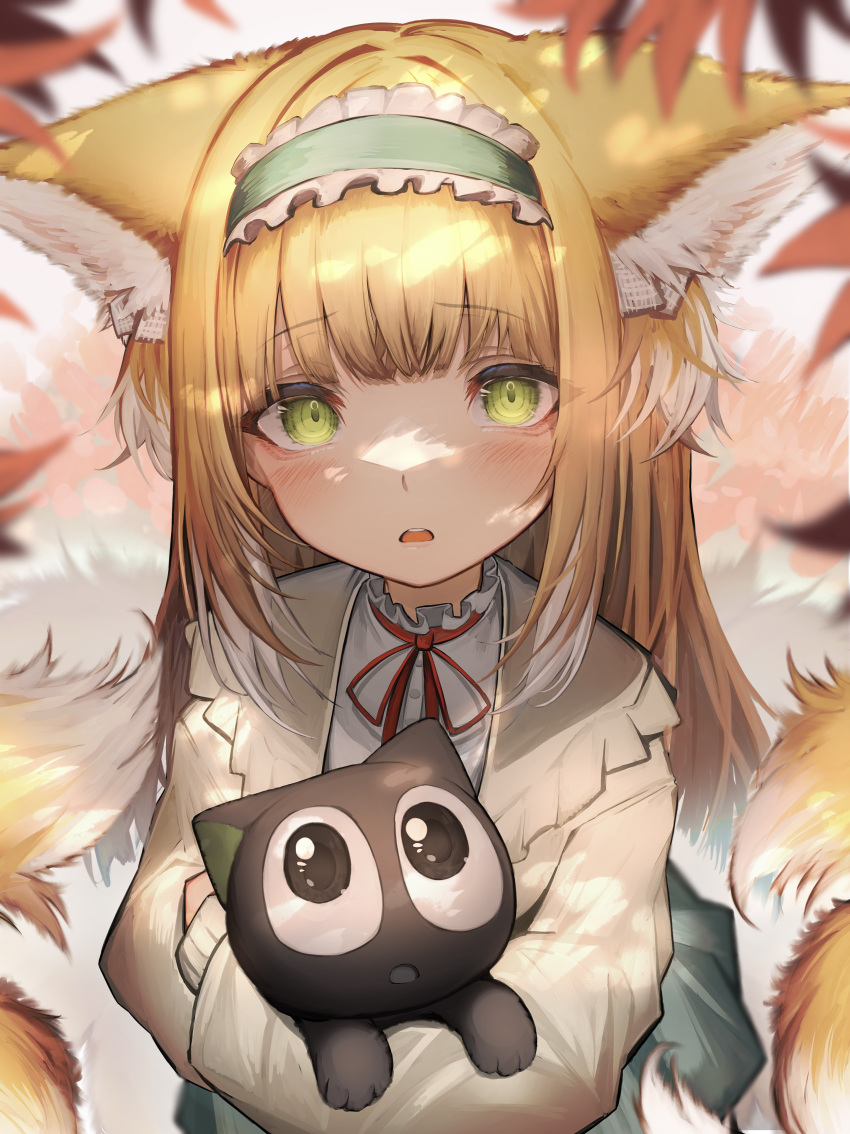absurdres animal_ears aqua_hairband arknights bangs blonde_hair blunt_bangs fox_ears fox_girl fox_tail frilled_hairband frills green_eyes hairband highres long_hair long_sleeves looking_at_viewer luoxiaohei multiple_tails neck_ribbon official_alternate_costume oripathy_lesion_(arknights) red_ribbon ribbon suzuran_(arknights) suzuran_(praise_spring)_(arknights) tab_head tail