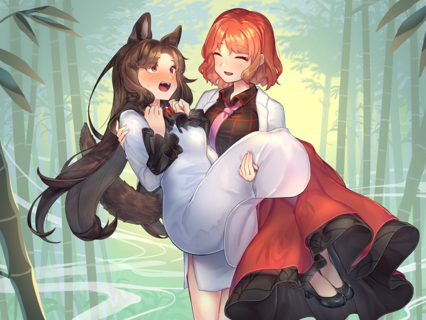 2girls animal_ears bamboo bamboo_forest bangs blush breasts brooch brown_hair carrying commentary_request dress flustered forest frilled_sleeves frills horikawa_raiko imaizumi_kagerou jacket jewelry large_breasts long_hair long_sleeves looking_at_another multicolored_clothes multicolored_dress multiple_girls nature necktie open_clothes open_jacket open_mouth pink_necktie princess_carry red_eyes red_hair short_hair skirt sweatdrop tail teeth tongue touhou upper_teeth wankosoba_(wanwan_soba) white_jacket white_skirt wolf_ears wolf_girl wolf_tail
