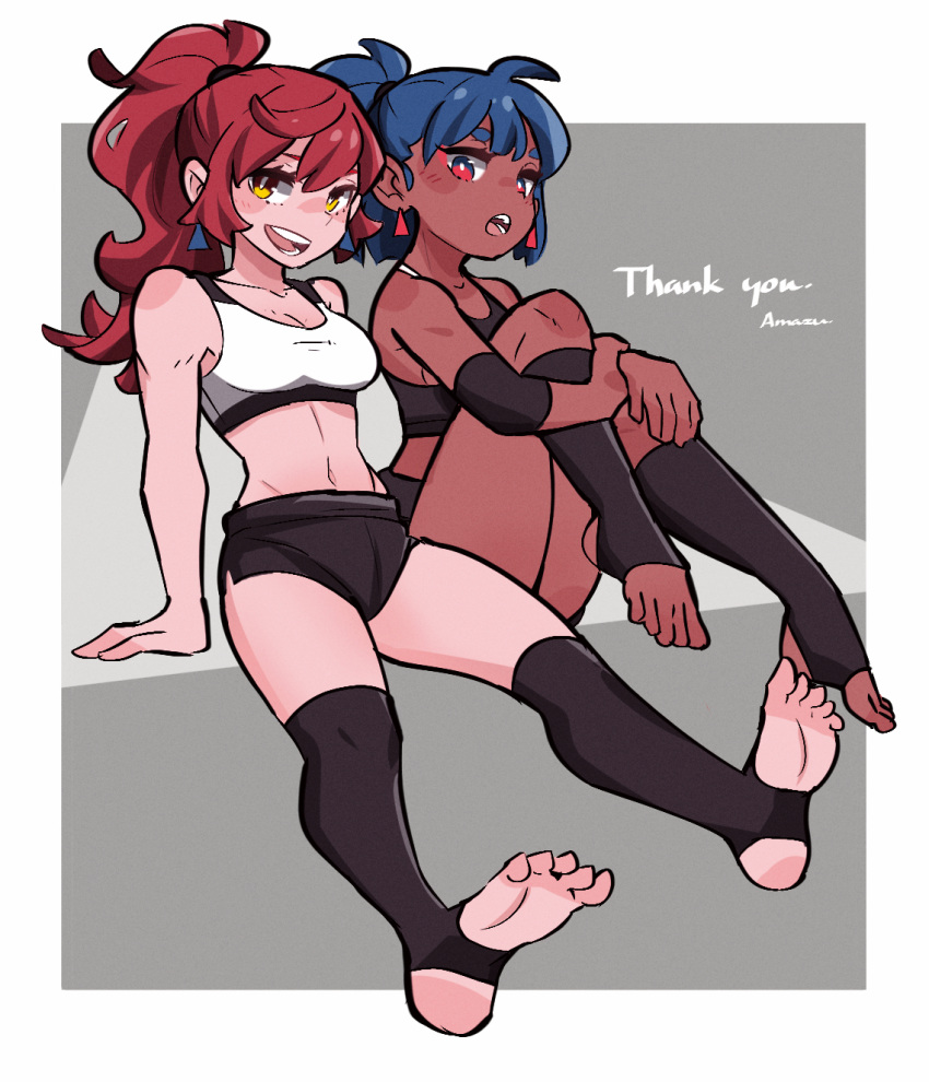 2girls :d amazu_(kurozu) aoi_(amazu) arm_support bangs bare_arms bare_shoulders black_shorts black_socks blue_hair breasts cleavage dark-skinned_female dark_skin eyebrows_hidden_by_hair grey_background hair_between_eyes highres hugging_own_legs kneehighs knees_up long_hair looking_at_viewer mari_(amazu) medium_breasts multiple_girls no_shoes original ponytail red_eyes red_hair short_eyebrows short_shorts shorts smile socks stirrup_legwear teeth thank_you thick_eyebrows toeless_legwear two-tone_background upper_teeth white_background yellow_eyes