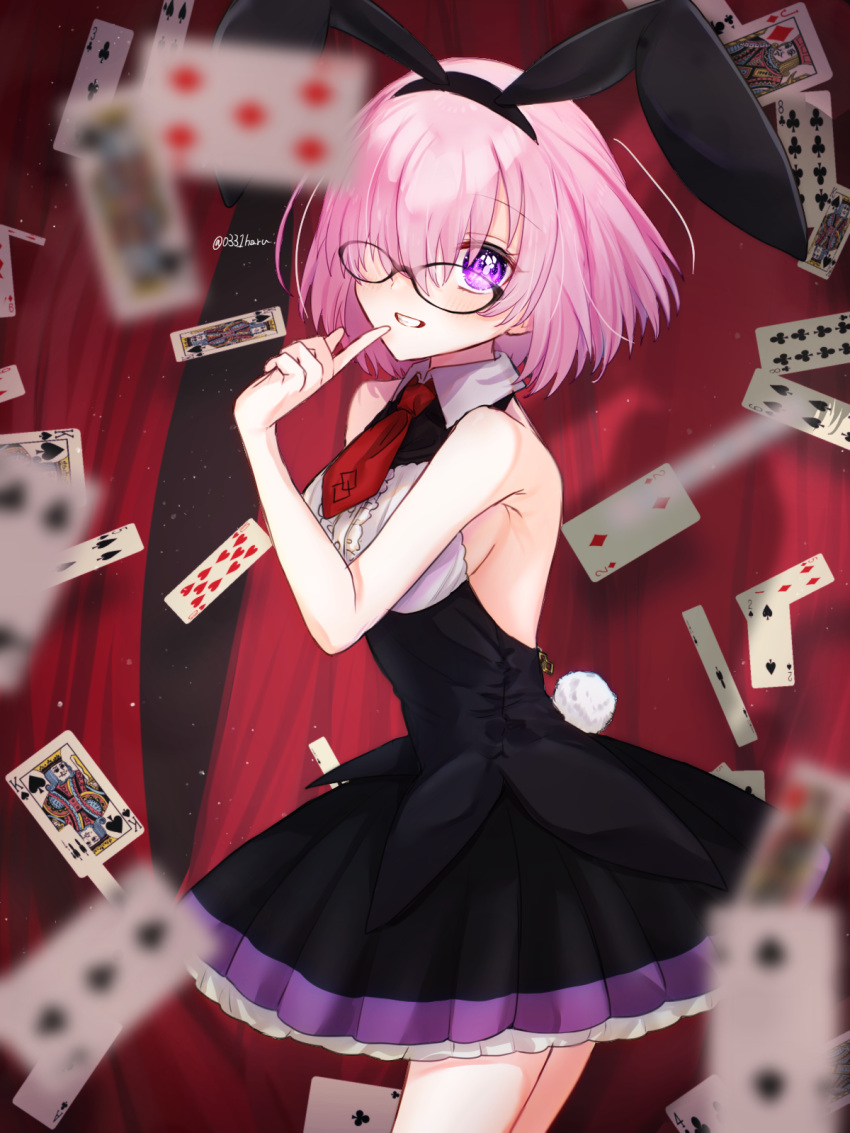 1girl alternate_costume animal_ears backless_dress backless_outfit black-framed_eyewear black_dress blush breasts card collared_dress commentary_request curtains dress fake_animal_ears fate/grand_order fate_(series) finger_to_mouth frilled_dress frills glasses hair_over_one_eye harukappa highres index_finger_raised looking_at_viewer mash_kyrielight medium_breasts necktie one_eye_covered purple_eyes rabbit_ears red_necktie short_hair shushing sideboob sleeveless sleeveless_dress smile teeth twitter_username