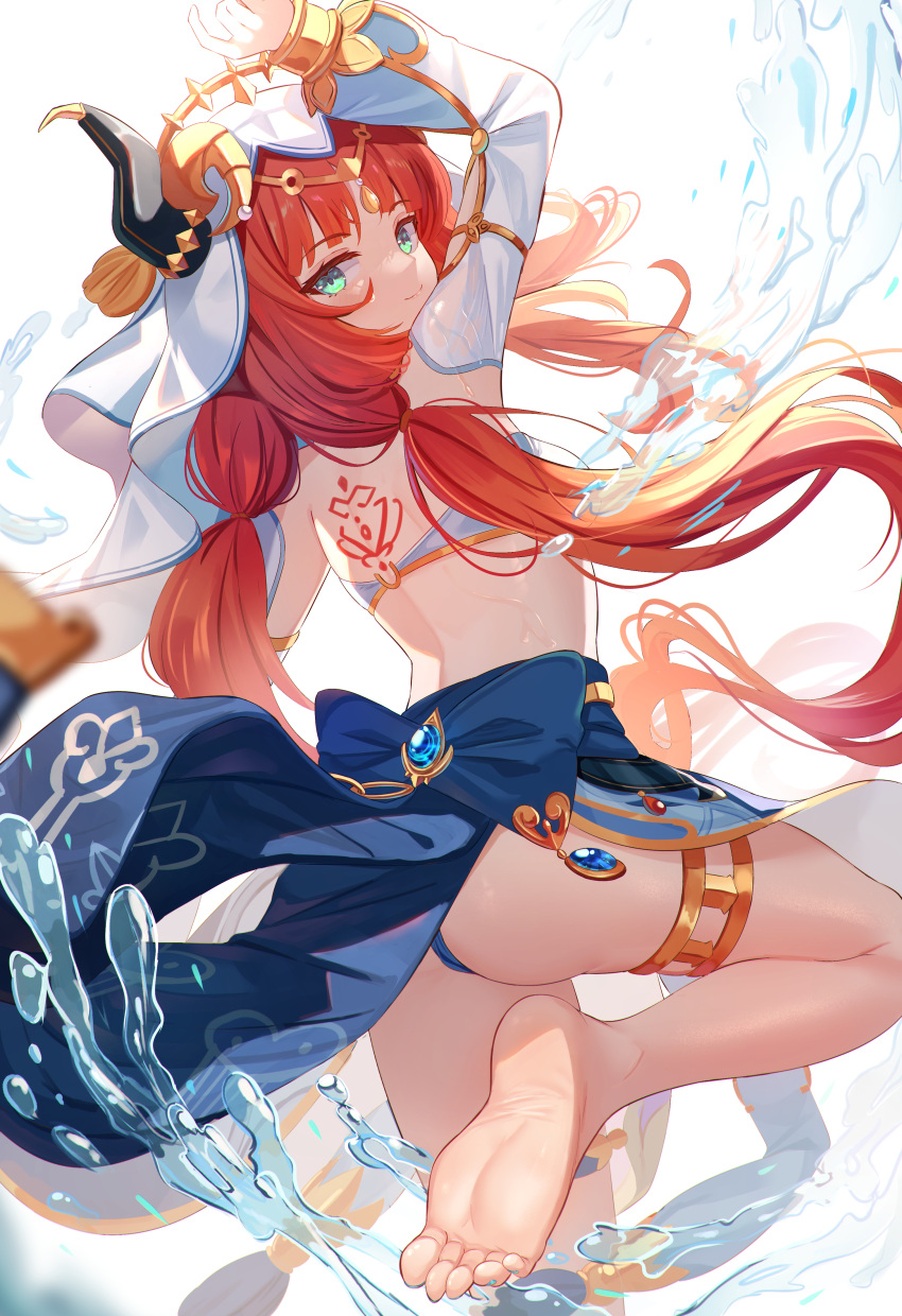 1girl absurdres back back_tattoo bangs barefoot circlet closed_mouth clothes_lift crop_top dancer detached_sleeves feet floating_hair forehead_jewel genshin_impact gold_trim harem_outfit highres jewelry leg_up long_hair long_sleeves looking_at_viewer looking_back low_twintails mirufuaa neck_ring nilou_(genshin_impact) panties parted_bangs puffy_long_sleeves puffy_sleeves red_hair sidelocks simple_background skirt skirt_lift smile soles solo tattoo thighlet thighs toes twintails underwear vambraces veil very_long_hair vision_(genshin_impact) white_background