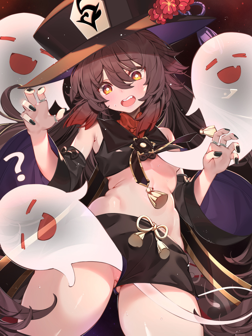 1girl ? ass_visible_through_thighs bangs black_headwear black_nails blush brown_hair crop_top detached_sleeves flower genshin_impact ghost hair_between_eyes hat hat_flower highres hu_tao_(genshin_impact) jewelry long_hair long_sleeves looking_at_viewer open_mouth pussy pussy_peek red_eyes ring shorts solo sweat symbol-shaped_pupils twintails very_long_hair waterring