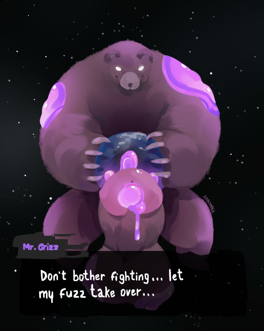 2022 absurd_res anthro artist_name balls big_balls big_penis bodily_fluids brown_bear dialogue dialogue_box digital_media_(artwork) earth english_text erection fur genital_fluids genitals glans glowing glowing_eyes grizzly_bear hi_res holding_planet huge_balls huge_penis humanoid_genitalia humanoid_penis hyper hyper_balls hyper_genitalia hyper_penis in_space macro male mammal mr._grizz nintendo nude penis planet precum slime smile snackable solo space splatoon splatoon_3 star terra_macro text unusual_bodily_fluids unusual_genital_fluids unusual_precum ursid ursine video_games