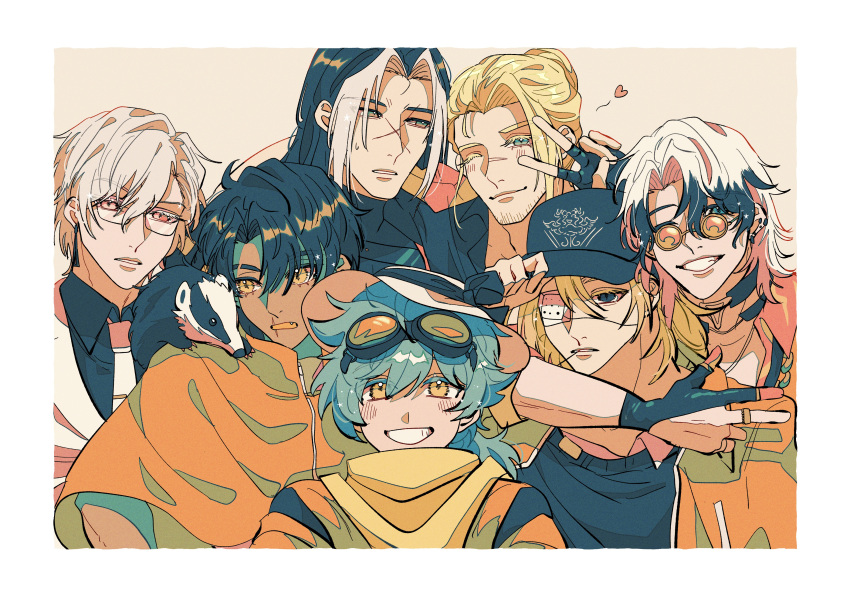 6+boys absurdres animal_on_shoulder arm_on_another's_shoulder badger baseball_cap blush che_(path_to_nowhere) commentary_request cross_scar demon_(path_to_nowhere) donald_(path_to_nowhere) eyepatch facial_hair fang fingerless_gloves gloves goggles goggles_on_head hair_between_eyes hair_bun hat hat_ribbon heart highres kawa-kawa_(path_to_nowhere) levy_(path_to_nowhere) medical_eyepatch middle_ring mr._fox_(path_to_nowhere) multicolored_hair multiple_boys necktie one_eye_closed partially_fingerless_gloves path_to_nowhere pippy_(path_to_nowhere) ribbon round_eyewear scar scar_on_face scar_on_lip scar_on_mouth semi-rimless_eyewear shizuku_kaworu short_hair star_(symbol) stubble toothpick two-tone_hair v wolverine_(path_to_nowhere)