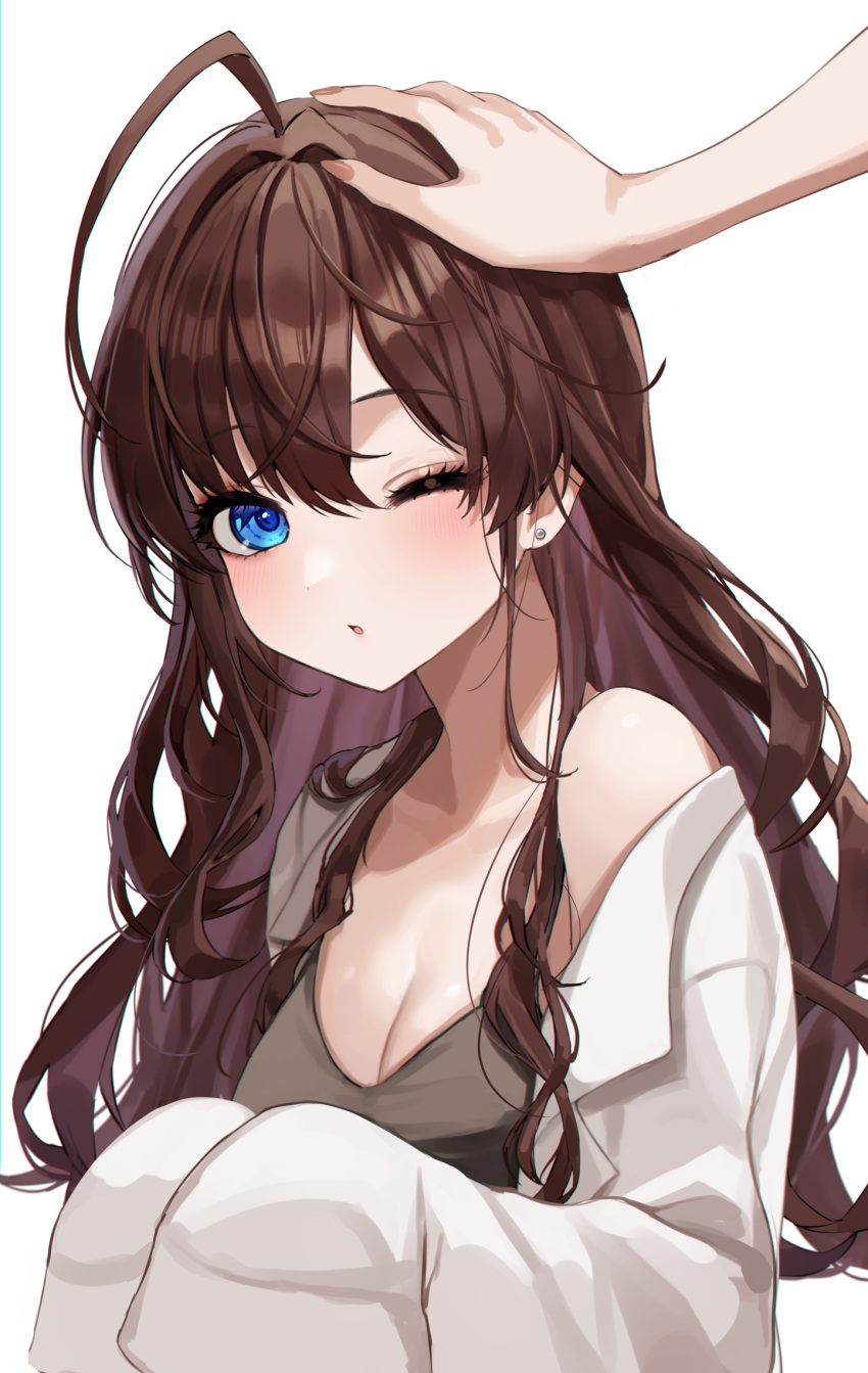 1girl 1other ahoge bangs blue_eyes blush breasts brown_hair cleavage collared_shirt dot_nose earrings hair_intakes hand_on_another's_head headpat highres huge_ahoge ichinose_shiki idolmaster idolmaster_cinderella_girls jewelry kudou_(sikisiki0000) long_hair medium_breasts off_shoulder one_eye_closed open_clothes open_shirt parted_lips shirt sidelocks simple_background single_bare_shoulder sleeves_past_fingers sleeves_past_wrists solo_focus stud_earrings swept_bangs upper_body white_background white_shirt