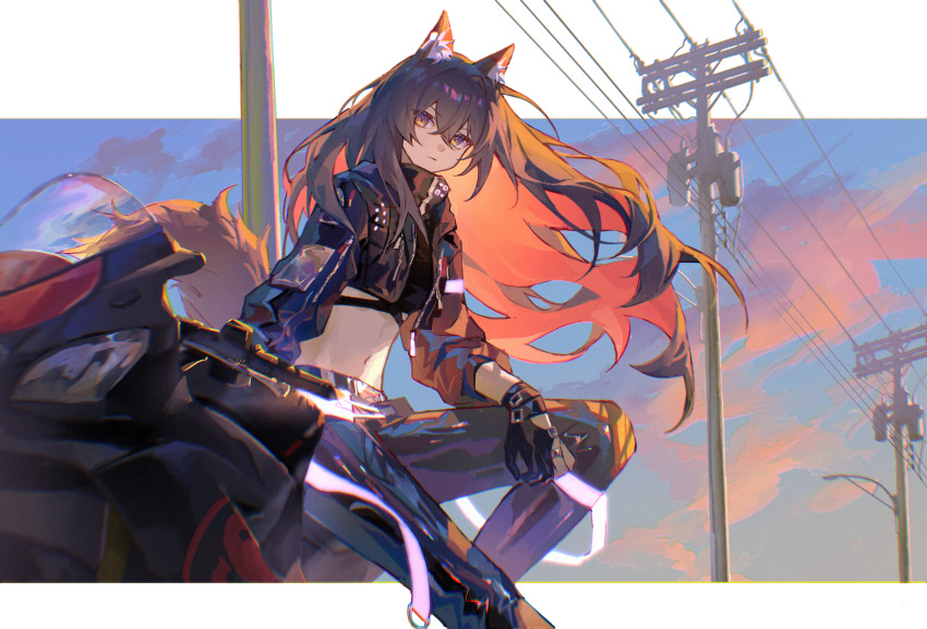 1girl absurdres ambience_synesthesia animal_ears arknights black_gloves black_hair black_jacket black_pants black_shirt blue_sky breasts closed_mouth colored_inner_hair crop_top day dogdogbhh feet_out_of_frame floating_hair gloves ground_vehicle highres jacket jewelry long_hair long_sleeves looking_at_viewer medium_breasts motor_vehicle motorcycle multicolored_hair navel official_alternate_costume outdoors outside_border pants partially_fingerless_gloves red_hair ring shirt sitting sky solo tail texas_(arknights) two_side_up utility_pole very_long_hair wind wolf_ears wolf_girl wolf_tail