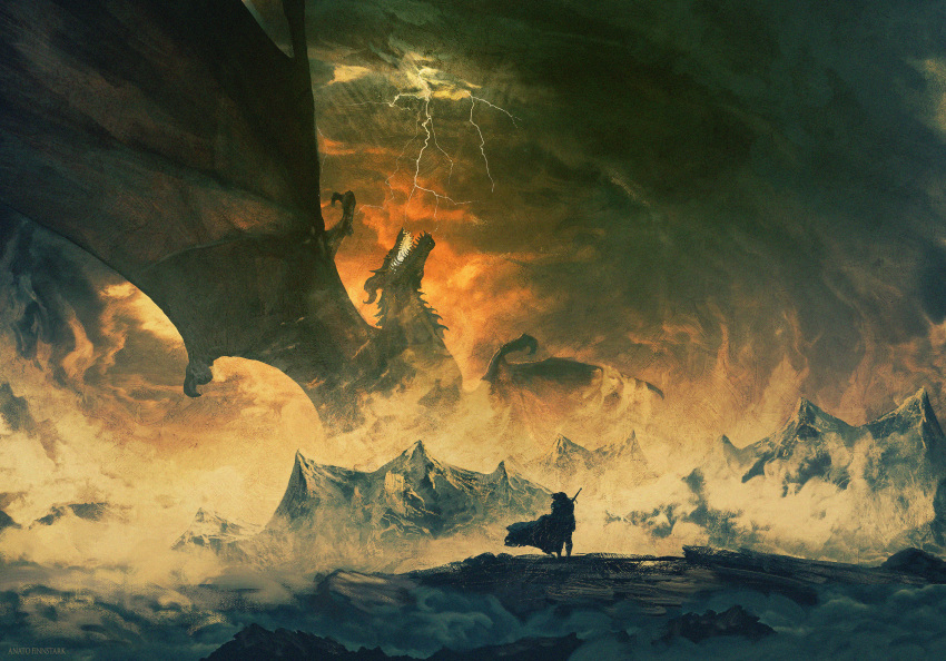 1other absurdres anato_finnstark ancalagon cloud cloudy_sky dragon fantasy from_behind giant giant_monster grey_sky highres lightning mountain outdoors scenery sky spread_wings the_silmarillion tolkien's_legendarium wide_shot