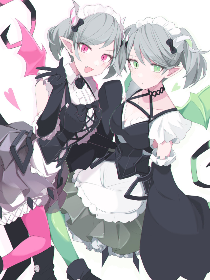 2girls arianna_the_labrynth_servant arianne_the_labrynth_servant bangs black_gloves breasts choker cleavage collarbone demon_girl demon_horns demon_tail demon_wings detached_sleeves dress duel_monster elbow_gloves feet_out_of_frame frilled_gloves frills gloves green_eyes green_wings grey_hair hand_up highres horns long_sleeves maid_headdress multiple_girls open_mouth pantyhose pink_eyes pink_wings sakuragi_raia short_twintails tail twintails wide_sleeves wings yu-gi-oh!