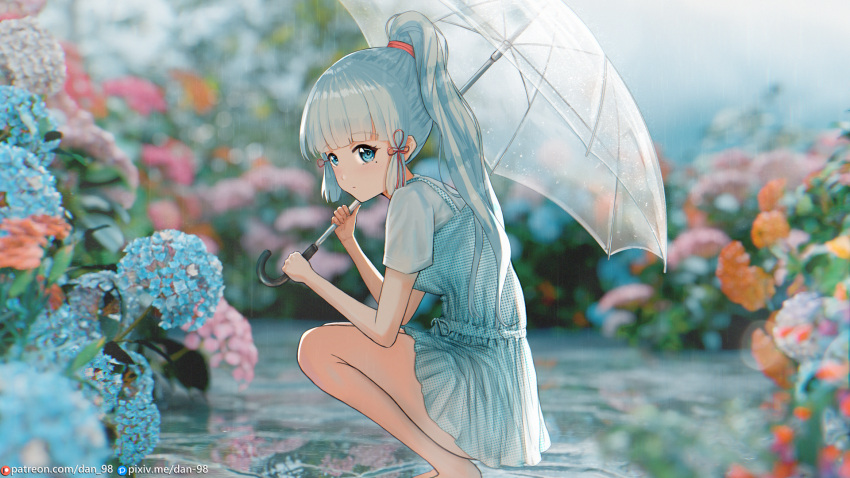 1girl aged_down alternate_costume bangs blue_eyes blunt_bangs blunt_tresses blurry blurry_background closed_mouth dan-98 dress feet_out_of_frame flower flower_knot flower_request from_side genshin_impact hair_ribbon high_ponytail highres holding holding_umbrella kamisato_ayaka long_hair mole mole_under_eye outdoors patreon_username pixiv_username ponytail rain red_ribbon ribbon shirt short_sleeves sitting solo squatting thighs tress_ribbon umbrella web_address white_hair white_shirt