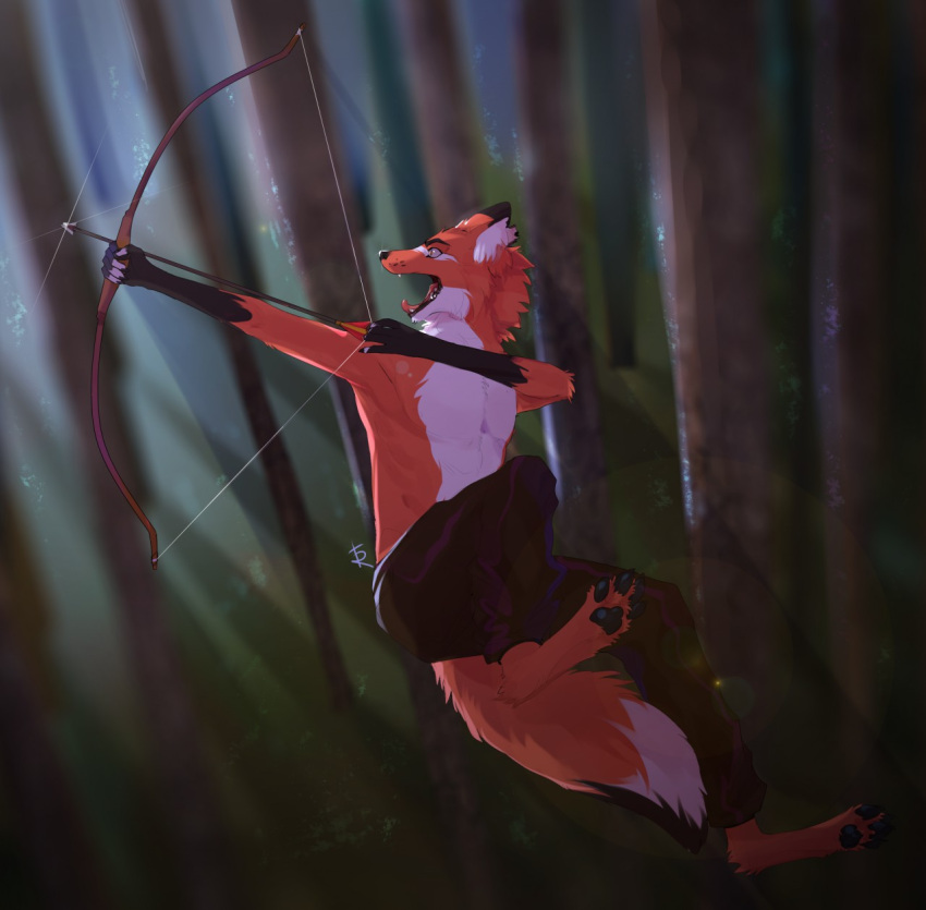 anthro arrow_(weapon) athletic athletic_anthro athletic_male black_body black_bottomwear black_clothing black_fur black_nose black_pants black_pawpads bottomwear bow_(weapon) canid canine cheek_tuft clothed clothing dipstick_tail elbow_tuft facial_tuft famir_(artist) fangs fluffy fluffy_tail forest fox front_view fur glistening glistening_pawpads gloves_(marking) hi_res holding_bow_(weapon) leg_tuft male mammal markings neck_tuft open_mouth orange_body orange_fur orange_tail outside pants pawpads plant ranged_weapon solo tail_markings tongue tongue_out topless tree tuft weapon white_body white_fur white_tail wide_eyed